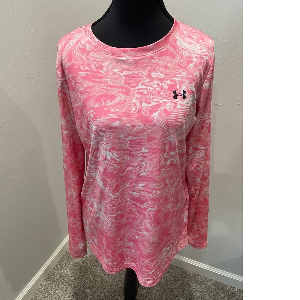 Under Armour Womens Pink Marble Swirl Long Sleeve Loose Fit Workout Shirt Medium